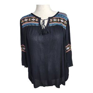 Black Boho Chic 70s Hippie Peasant Blouse Embroidered Gauze Fabric Size 3X
